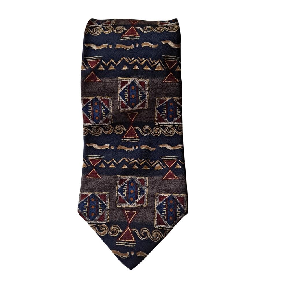 Geoffrey Beene Blue & Red Abstract Geometric Tribal 100% Silk Tie Necktie 4"X60"